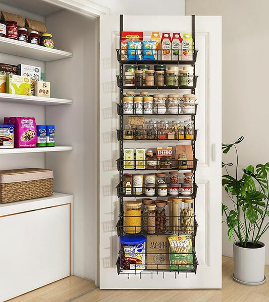 Over The Door Pantry Organizer, Wall Mount Spice Rack, Pantry Hanging Storage and Organization, 8 Adjustable Baskets Heavy-Duty Metal for Home & Kitchen, Back of Door Seasoning Rack - Black