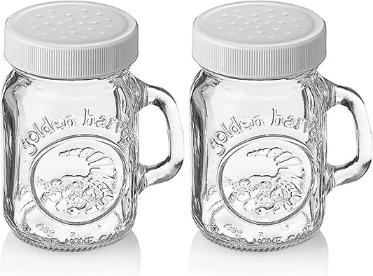 Salt and Pepper Shakers Glass Set With Handle - 4 oz Golden Harvest Ball Mason Jars Glass Salt and Pepper Shakers with White M.E.M Plastic Lids - Perfect for Spices, Table Salt, Black and White Pepper