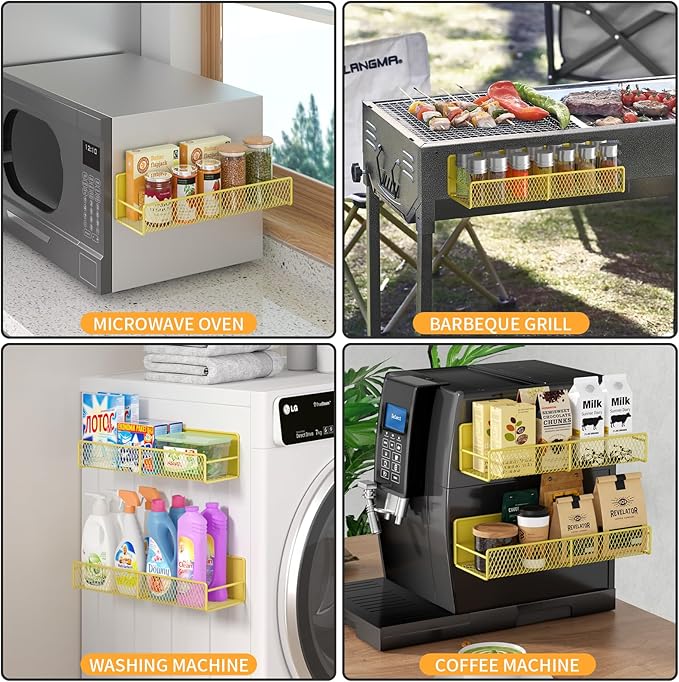 Magnetic Spice Rack for Refrigerator, 4 Pack Metal Magnetic Shelf Yellow, Moveable Spice Organizer, Super Magnetic Fridge Shelf for Kitchen Organization and Storage