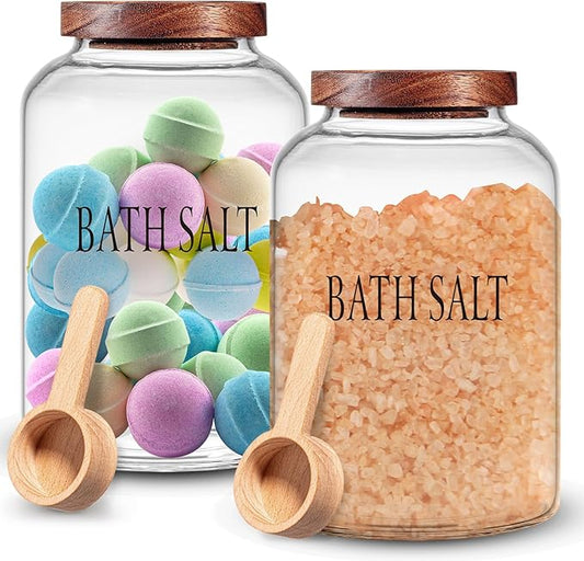 1 Sets 74 oz Large Bath Salt Container with Wooden Scoop for Glass Bath Salt Jar with Airtight Lid Storage Canister for Food, Flour, Sugar, Cookie, Kitchen