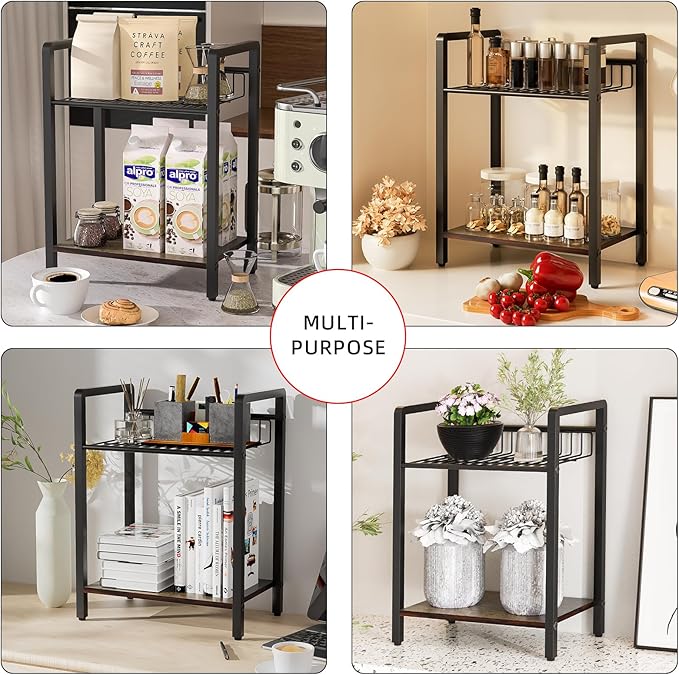 2-Tier Kitchen Counter Shelf Organizer – Metal Mesh & Wood Board, Large Storage Space, Easy to Install Countertop Organizer for Kitchen, Coffee Station, and Office