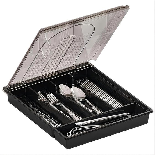 Silverware Container with Removable Lid, Countertop silverware holders Plastic Silverware Tray for Drawer, 5 Compartments Flatware Organizer (Black)