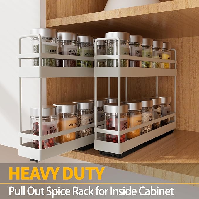 Finnhomy Pull Out Spice Racks for Inside Cabinets, Whole Metal Manufacturing, Vertical Spice Rack Pull Out, Spice Organizer, 2.16" W × 10.39" D × 9.76" H, 2 Drawers & 2 Tiers, 2 Pack, Light Gray