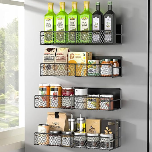 Magnetic Spice Rack for Refrigerator, 4 Pack 100% Metal Strong Magnet Fridge Shelves, Space Saving Spice Organizer, No Drilling Moveable Home Kitchen Laundry Room Storage Organization, Black