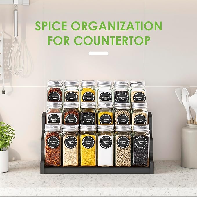 Bamboo Spice Rack Organizer for Cabinet, 3 Tier Wood Spice Shelf Organizer with 18 Spice Jars with Label Pack Included for Spice organization for cabinet Kitchen Countertop (Black)