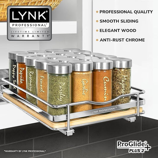 LYNK PROFESSIONAL® Élite™ Pull Out Spice Rack Organizer for Inside Kitchen Cabinets - 8-1/4 inch Wide - Slide Out Drawer – Wood/Chrome Sliding Spice Cabinet Organization Shelf Racks - 1 Tier