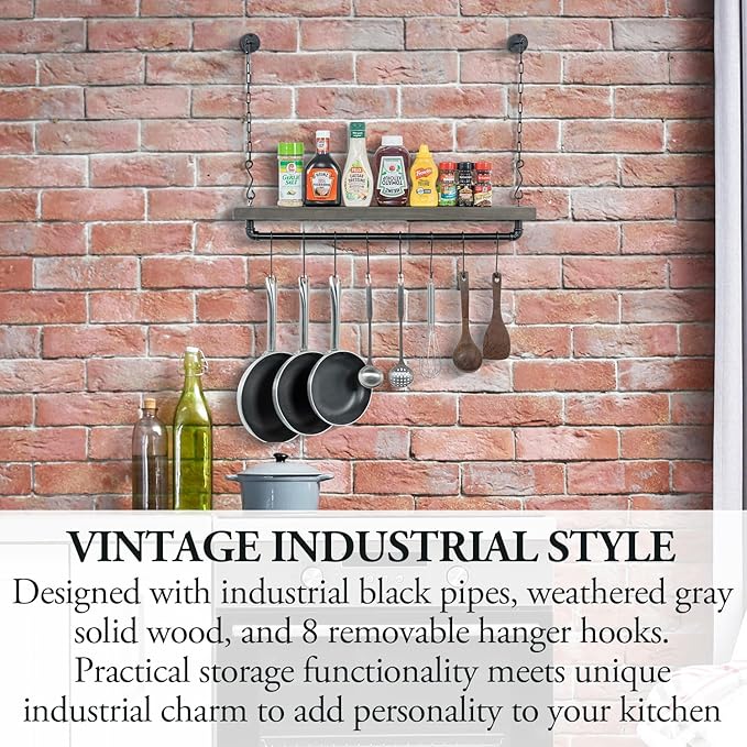 MyGift Ceiling or Wall Mounted Pot Rack with Shelf, Industrial Black Pipe and Gray Wood Hanging Cookware Utensil Organizer with 8 S-Hooks