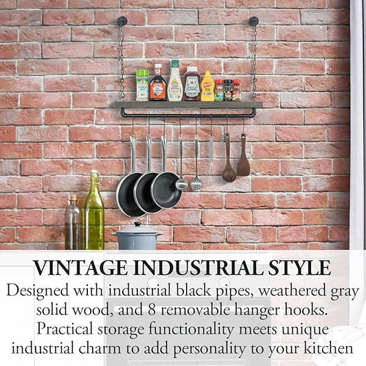 MyGift Ceiling or Wall Mounted Pot Rack with Shelf, Industrial Black Pipe and Gray Wood Hanging Cookware Utensil Organizer with 8 S-Hooks