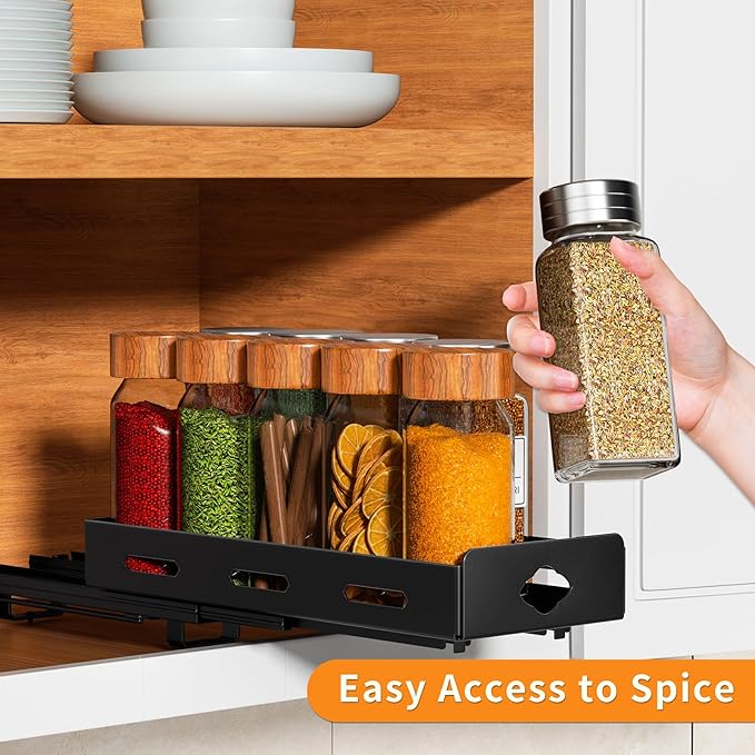 RCHYFEED Pull Out Spice Rack Organizer for Cabinet, Heavy Duty Slide Out Spice Rack for Inside Cabinets, Kitchen Cabinet Seasoning Organizer Small Vertical Spice Racks,4.2" Wx10.5 Dx2.8 H,Black