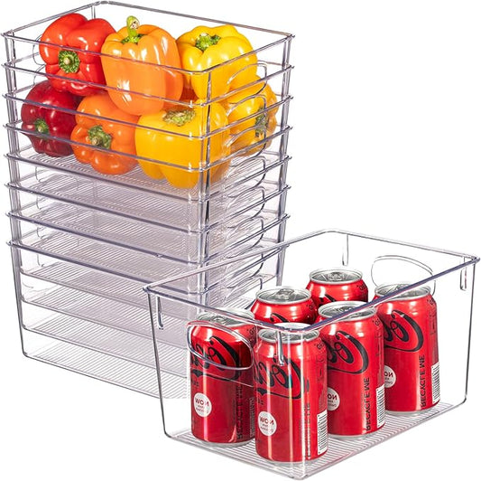 Clear Refrigerator Organizer Bins - Plastic Fridge Organizers - Storage Containers for Organizing Pantry, Cupboard, Cabinet, Freezer, Food, Fruit, Kitchen, Bathroom - Refrigerator Storage Bin set of 8