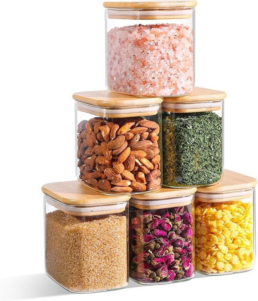 ComSaf 26oz Rectangle Glass Storage Containers with Lids, Glass Jars with Bamboo Lids, Clear Food Jar, Sugar Coffee Containers, Small Pantry Storage Container for Tea Candy Nuts Spices Oat