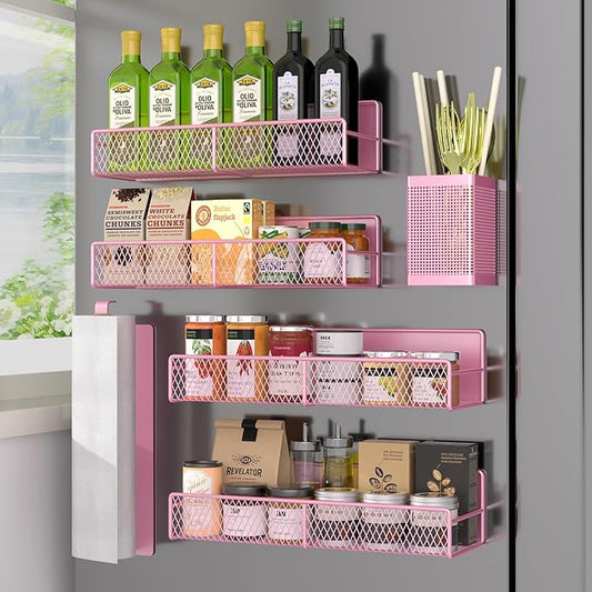 Magnetic Spice Rack for Refrigerator, 6 Pack Metal Magnetic Shelf Pink, Moveable Spice Organizer, Strong Magnetic Storage Fridge Organizer with Paper Towel Holder, Utensils Holder