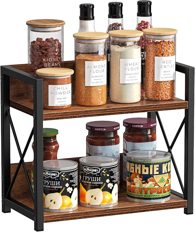 Giikin 2 Tier Kitchen Spice Rack Organizer for Countertop, Wood Coffee Counter Shelf Organizer for Home (Rustic Brown)