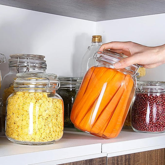 YEBODA 48oz Food Storage Canister Glass Jars with Clamp Airtight Lids and Silicone Gaskets for Multi-Purpose Kitchen Containers - Clear Square (2 Pack)