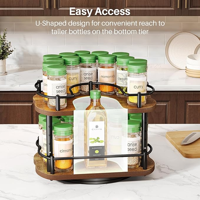 Lazy Susan Organizer Spice Rack for Cabinet - Height Adjustable Rotating Lazy Turntable Spice Organization for Table Top Pantry Kitchen, Wood Lazy Susan 10 inches Black