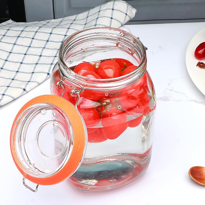 Encheng 50oz Glass Jars with Clamp Lids,Set of 4,1500ml Square Wide Mouth Mason Jars with Airtight Lids,Large Glass Storage Container with Clip Lids for Kitchen,Flour,Pasta,Beans