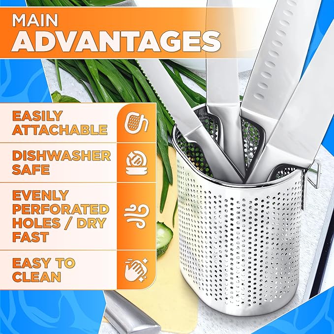 Perforated Stainless Steel Chopstick Holder – Drying Basket for Chopsticks & Utensils, Compact Oval Design with Hook for Kitchen Organization, Easy Storage and Utensil Drying, Sturdy & Dishwasher Safe