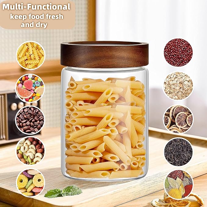 17 Fl oz/500 ml Glass Food Storage Jar, Small Clear Glass Container Jar with Airtight Wooden Screw Lid, Kitchen Canisters for Coffee,Tea,Pasta,Cookies, Nuts,Spice,Candy,Overnight Oatmeal