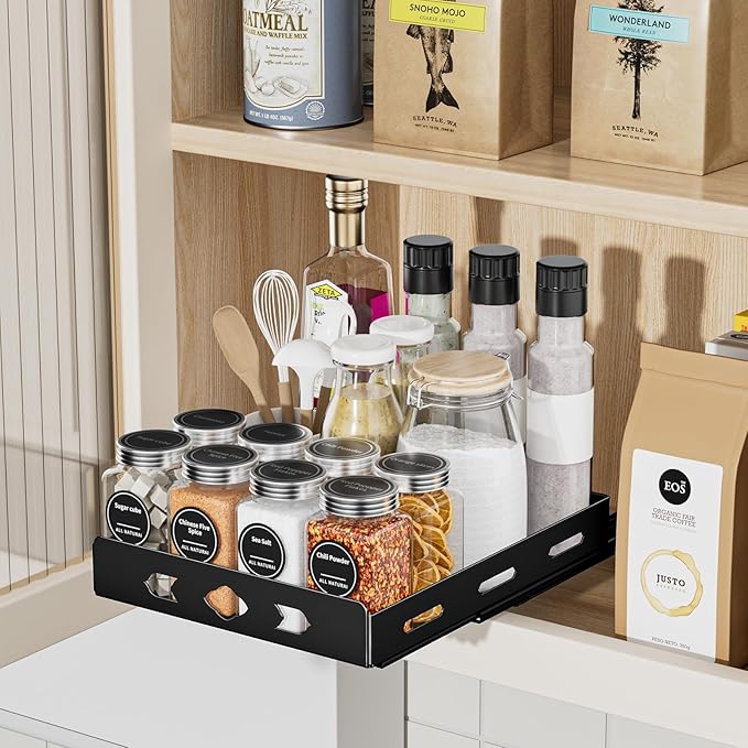 Pull Out Spice Rack Organizer for Cabinet, Heavy Duty-Slide Out Spice Rack, Vertical Spice Rack for Kitchen Cabinet and Pantry (8.4''Wx10.5''Dx2.8''H, Metal Black)