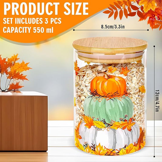 3Pcs Fall Glass Storage Jars Colorful Pumpkin Pile Clear Canisters Sets with Airtight Bamboo Lid for Farmhouse Autumn Thanksgiving Home Kitchen Countertop Decor