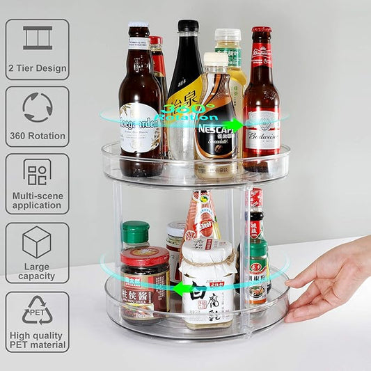 Lazy Susan Condiments Organizer,2-Tier Spice Rack Storage Turntable for Cabinet,Fridge,Countertop,Pantry,Bathroom,11 inch Round, Clear