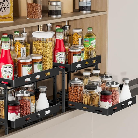 Pull Out Spice Rack Organizer, 2-Tier Vertical Spice Rack, Height Adjustable for Kitchen Cabinet (11.9''Wx10.8''Dx9.2''H, Metal Black)