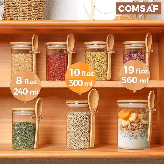 ComSaf 12 Pcs Glass Spice Jars with Spoons, 10oz Containers with Bamboo Lids, Glass Storage Containers with Airtight Lids with 275 Labels for Seasonings, Salt, Loose Leaf Tea Storage