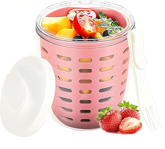 20oz Fruit Salad Storage Cup with Lids and Fork, Reusable Plastic Fruit Storage Containers for fridge with Drain Baskets, BPA-Free & Leak-Proof, Keep Fruits, Vegetables Fresh Longer (Pink)