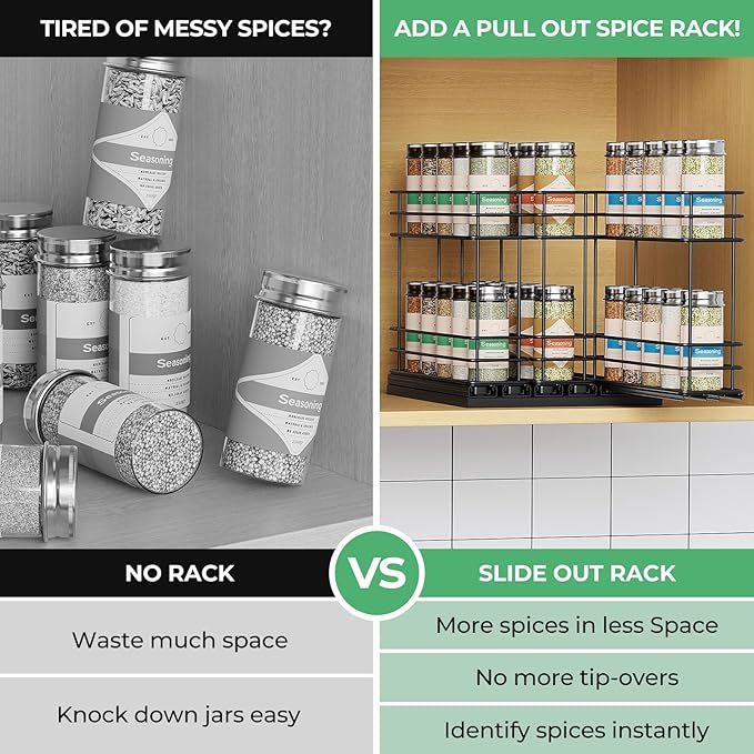 Pull Out Spice Rack Organizer for Cabinet, Slide Out Spice Racks, Easy to Install, 2.75''Wx10.35''Dx8.26''H, 3 Drawers 2 Tiers(Black