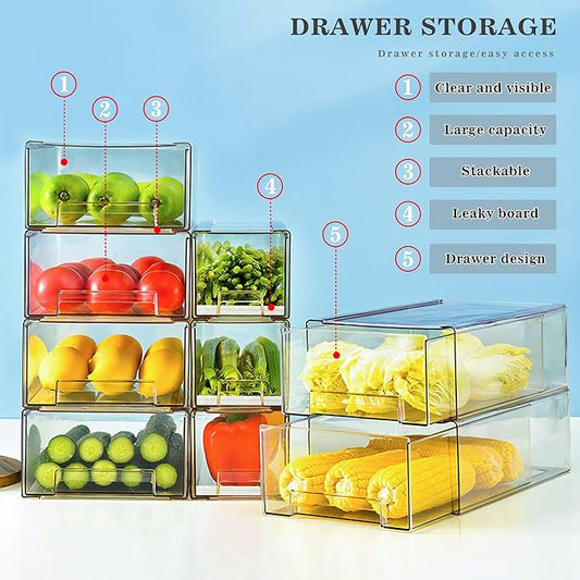 MANO 2 Pack Stackable Refrigerator Drawers Pull Out Bins Clear Fridge Drawer Organizer Food Storage Containers Plastic Veggie Fruit Produce Saver for Pantry Kitchen Freezer(M)