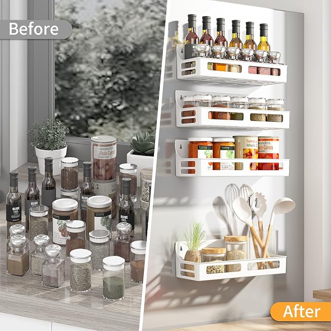 Magnetic Spice Rack for Refrigerator, 4 Pack Premium Plastic Spice Rack Organizer,Magnetic Fridge Shelf Seasoning Rack,Perfect Kitchen Organization and Storage (White)