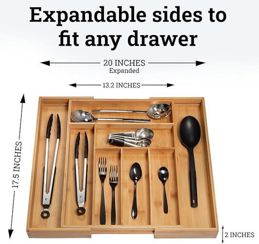 Dynamic Gear Premium Bamboo Drawer Organizer, Silverware Organizer, 100% Pure Bamboo, Adjustable Utensil Organizer, Kitchen Drawer Organizer, Silverware Tray for Drawer (6-8 slots)