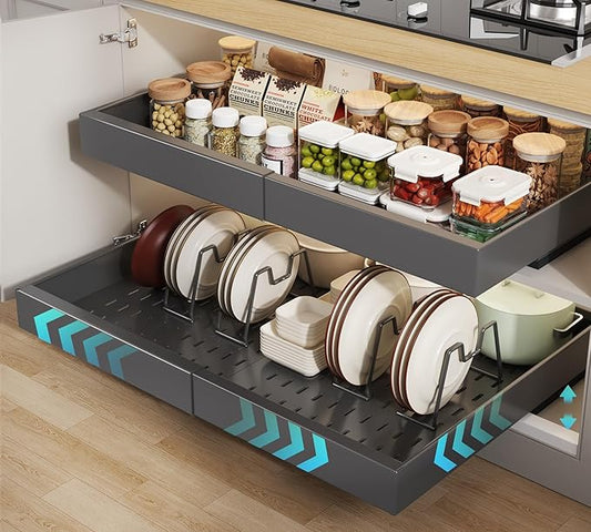 2 Pack Pull out Cabinet Organizer 21"Deep With Raising Pad for Framed Cabinets, Expandable Slide out Drawers for Kitchen Cabinets with 4pcs Divider Racks, Roll out Shelves 15.2"-26.3"W Black