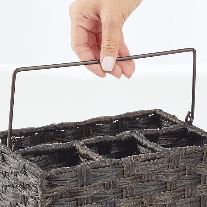 mDesign Plastic Woven Divided Cutlery Storage Organizer Caddy Tote, Basket Holder for Kitchen Table, Cabinet, Pantry, Hold Silverware, Forks, Knives, Spoons, Napkins and other Utensils, Espresso Brown