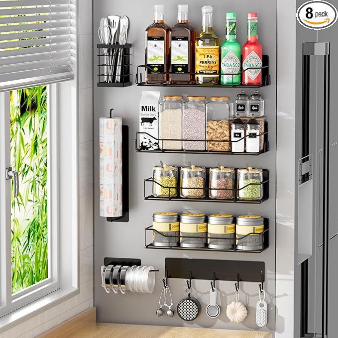 Magnetic Spice Rack for Refrigerator,8 Pack Magnetic Fridge Shelf, Moveable Spice Organizer with Hook Rack, Paper Towel Holder, Utensil Holder,cup lid holder, Super Magnetic Rack Set (Black)