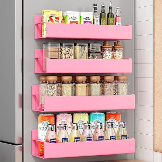 4 Pack Moveable Fridge Magnetic Spice Racks,Metal Pink