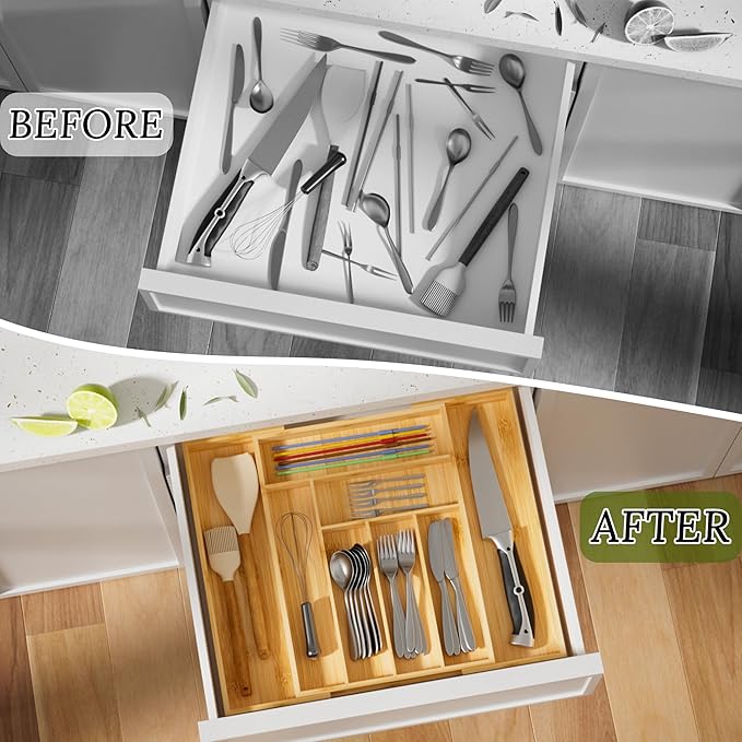 Silverware Organizer Utensil Drawer Organizer - Bamboo Silverware Tray Expandable 8 Slots Flatware Organizer For Kitchen Office Makeup Desk Drawers W12.7-19" x L17.2 (Yellow)