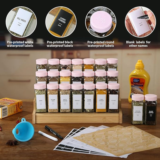 36 Glass Spice Jars with Labels,Spice Jar Set,4oz Seasoning Containers,Spice Containers with Pink Airtight Lids and Shaker Lids,Square Empty Spice Bottles, 492 Labels,2 Marker Pens,1 Funnel