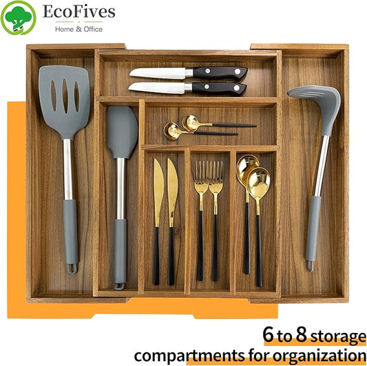 Luxury Acacia Kitchen Drawer Organizer - Silverware Organizer - Utensil Holder and Cutlery Tray with Grooved Drawer Dividers for Flatware and Kitchen Utensils (8 Slot), 17*12.4*2 inch