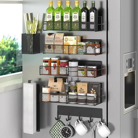 Magnetic Spice Rack for Refrigerator, 7 Pack Metal Shelf Black , Moveable Organizer with Hook Rack, Paper Towel Holder, Kitchenware Strong Storage Fridge