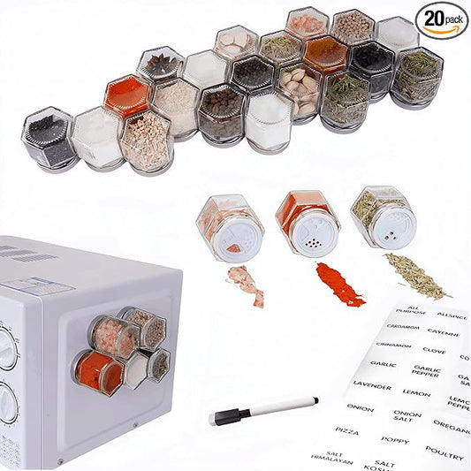Set of 20 Magnetic Spice Jars for Refrigerator, Glass Small Hexagon Magnet Seasoning Containers with Labels, shaker Lids, Fridge Magnetic Spice Rack Organizer with Jars