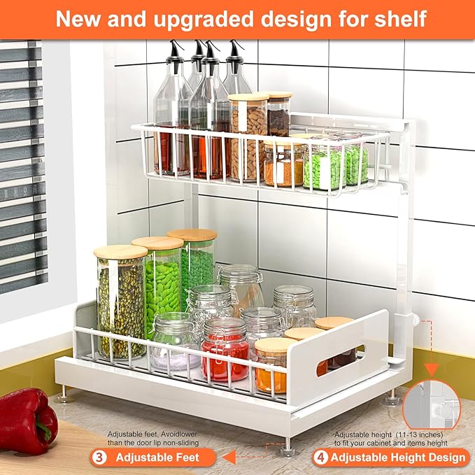 Dataroad Under Sink Organizers And Storage Pull Out Cabinet Organizer 2 Tier Sliding Out Drawer,Under Kitchen Sink Organizer Shelf,Adjustable Counter Organization for Kitchen Pantry Cabinet,White