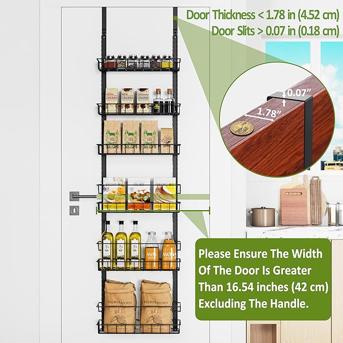Churboro Over the Door Pantry Organizer Rack with 6 Adjustable Baskets, 6 Tiers Dual-use Spice Rack- Hanging or Wall Mount Spice Rack, Pantry Door Organizer, Black