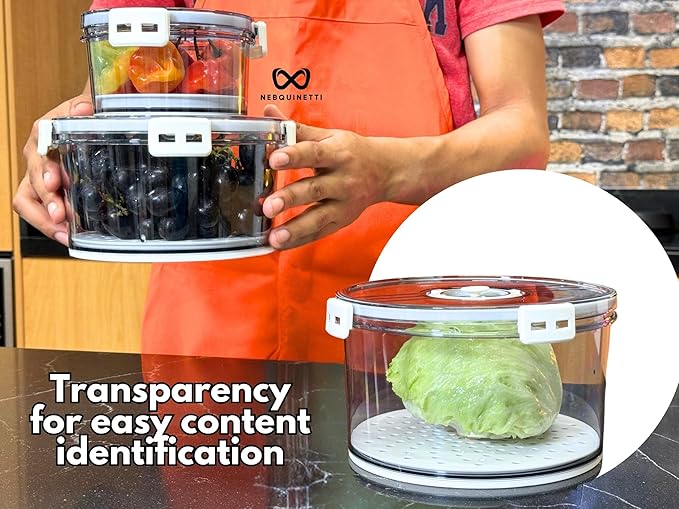 Lettuce Keeper for Refrigerator with Lids 3-Piece Set Date Chronograph Airtight BPA-Free Removable Drain Tray and Air Vents