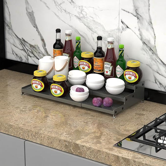Metal Spice Rack Organizer for Cabinet, 3 Tier Expandable Spice Storage Shelf, Great for Kitchen Cabinets, Cupboard,Pantry and Countertop More,Metal Plate with Hole(1PACK/Gun-Grey)