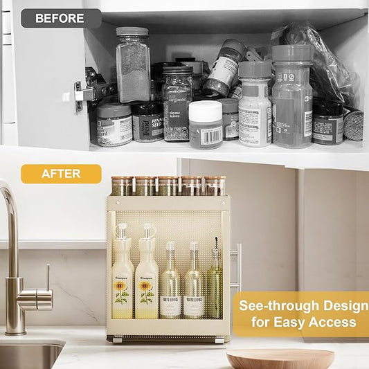 Pull Out Spice Rack Condiment Organizer for Countertop - 2-Tier Slide Out Seasoning Kitchen Organizer with Grease-Free Design - Suitable for Taller Bottles - Alternative to Lazy Susan (2-Tier Large)