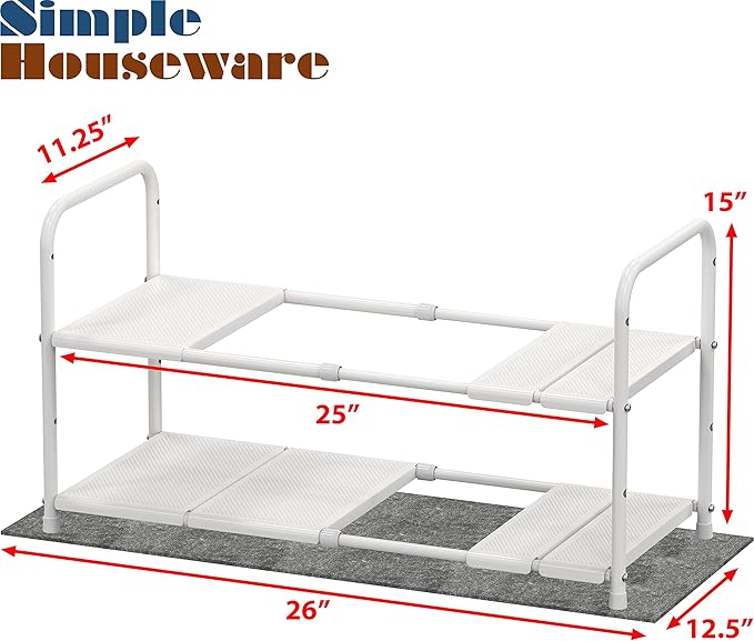 Simple Houseware Under Sink 2 Tier Expandable Heavy Duty Metal Shelf Organizer Rack, White (Expand from 15 to 25 inches)