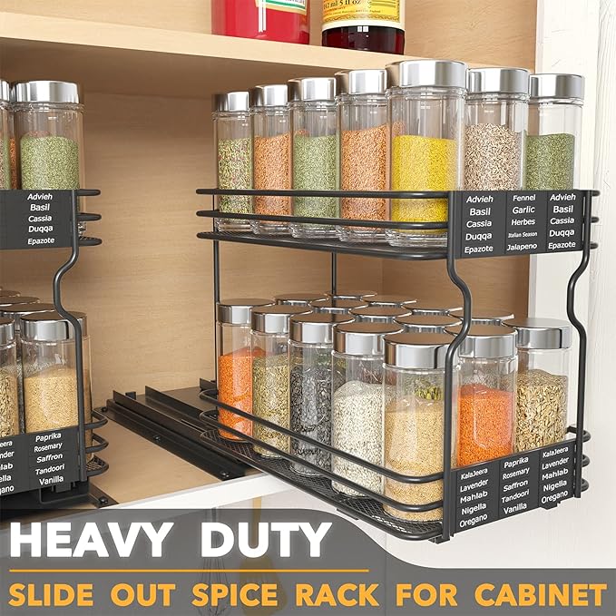 SpaceAid Pull Out Spice Rack Organizer for Cabinet, Heavy Duty Slide Out Seasoning Kitchen Organizer, Cabinet Organizer, with Labels and Chalk Marker, 6.5" W x10.75 D x8.5 H, 1 Drawer 2-Tier