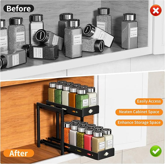 RCHYFEED Pull Out Spice Rack Organizer for Cabinet, 2-Tier Heavy Duty Slide Out Spice Rack for Inside Cabinets & Pantry, Kitchen Seasoning Organizer Vertical Spice Racks,5.5" Wx10.8 Dx9.7 H,Black
