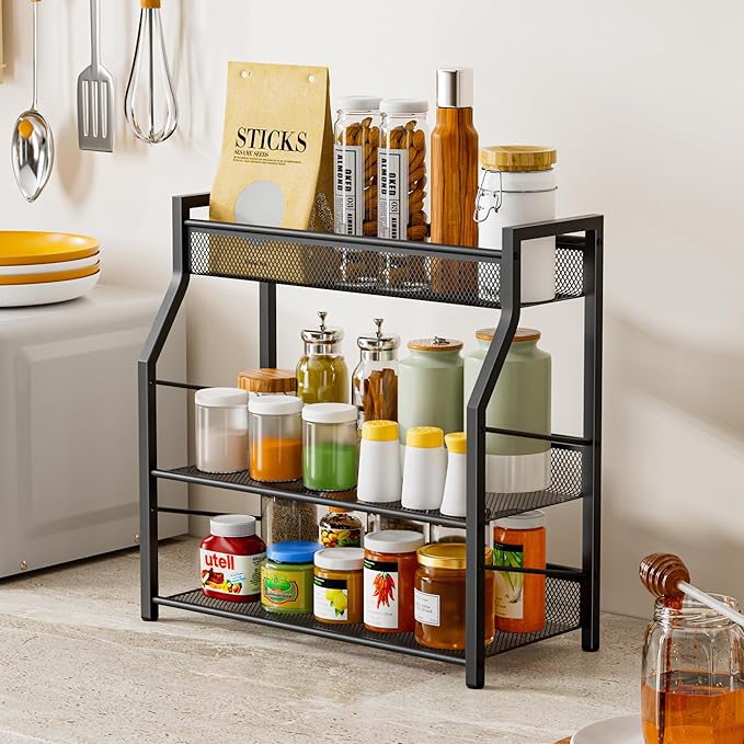 Dunatou 3 Tier Spice Rack, Kitchen Storage Organizer Shelf for Countertop, Metal Seasoning Storage Shelf with Guardrail and Mesh Design for Kitchen, Countertop, Dining Room, Black